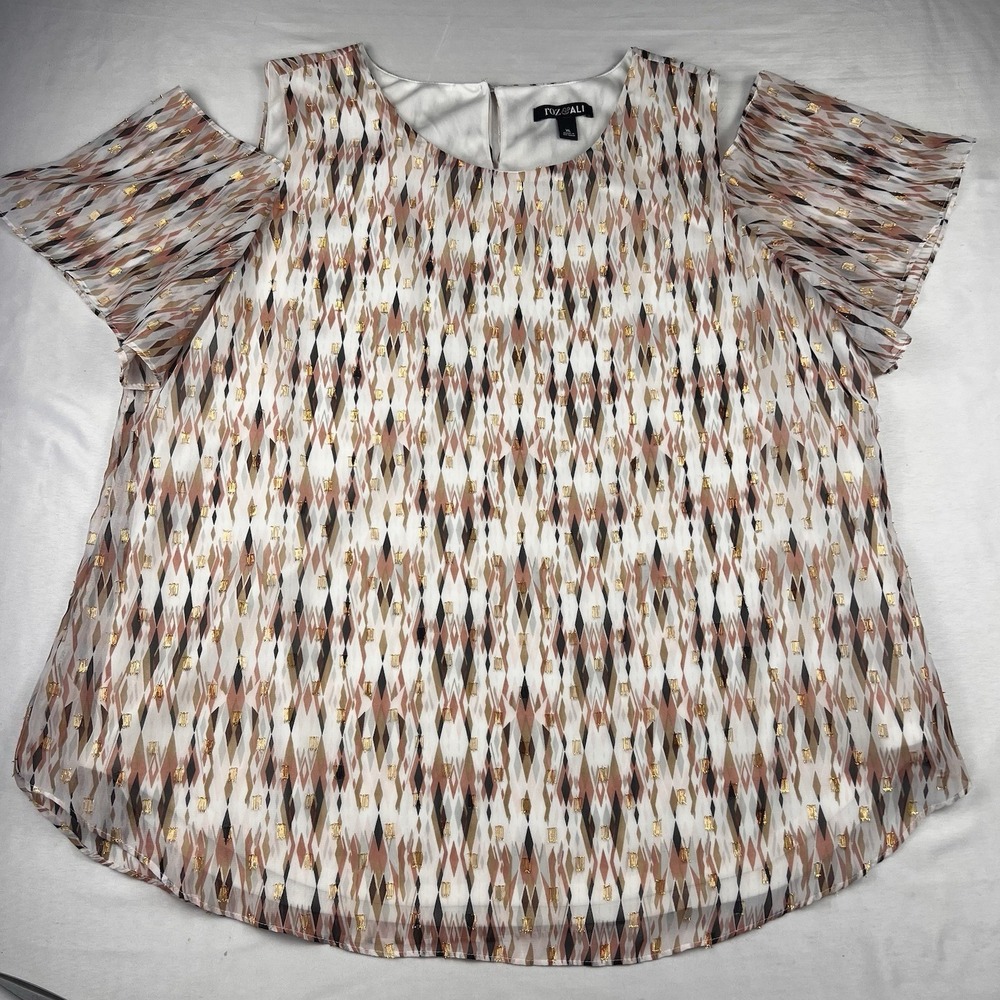 Roz & Ali Cold Shoulder Blouse Geometric Print Gold Metallic Sheer Flutter XL